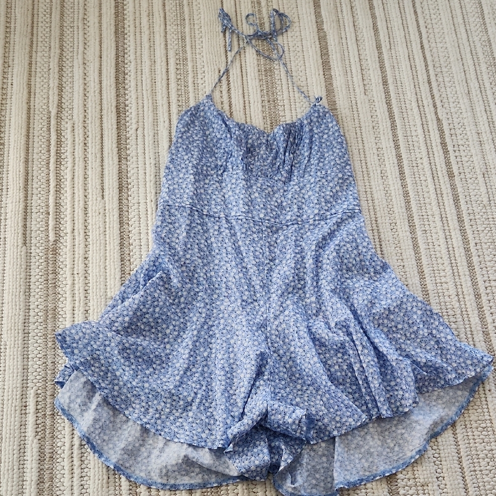 Fashion Nova Light Blue Floral Romper Skort